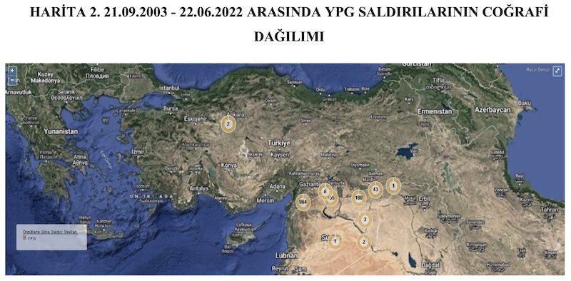 HARİTA 2. 21.09.2003 - 22.06.2022 ARASINDA YPG SALDIRILARININ COĞRAFİ DAĞILIMI