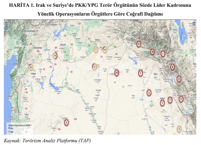 HARİTA 1. Irak ve Suriye’de PKK/YPG Terör Örgütünün Sözde Lider Kadrosuna Yönelik Operasyonların Örgütlere Göre Coğrafi Dağılımı