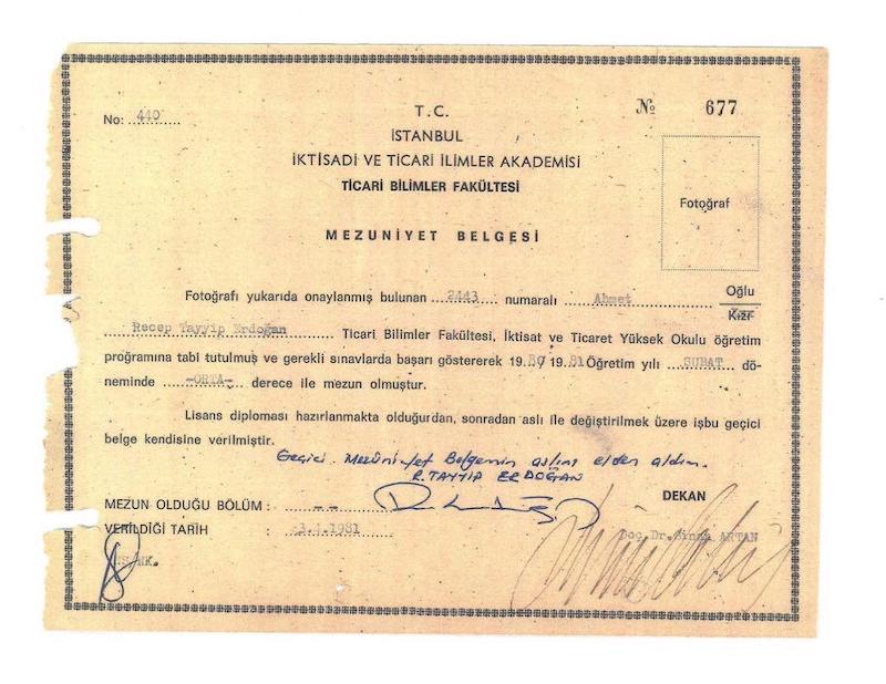 Cumhurbaşkanı Recep Tayyip Erdoğan'ın lisans eğitimi ve okulda kayıt altında tutulan belgeler