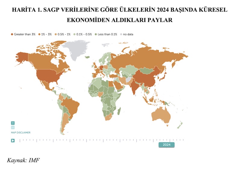 HARİTA 1. SAGP VERİLERİNE GÖRE ÜLKELERİN 2024 BAŞINDA KÜRESEL EKONOMİDEN ALDIKLARI PAYLAR