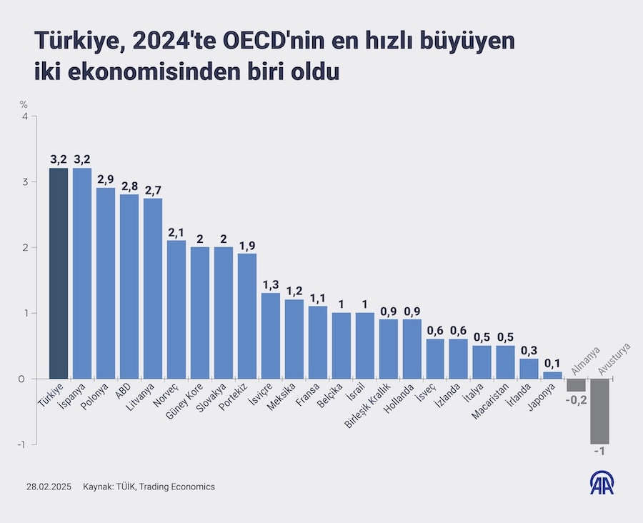 Türkiye, 2024'te OECD'nin en hızlı büyüyen iki ekonomisinden biri oldu, AA İNFO